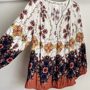 Anthropologie Fall Floral Print Top Size M Button V Neck Fig & Flower Blouse